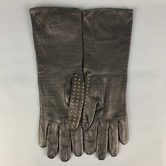 BURBERRY PRORSUM Black Gold Studded Kidskin Leather Silk Lined Gloves - Picture 3 of 7
